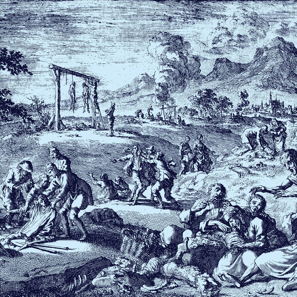 Hungersnöte lassen die Menschen leiden und an teuflischen Zauber glauben. Tatsächlich verursacht eine Klimaabkühlung das Elend (Leichenfleddererei am Oberrhein, 1637)