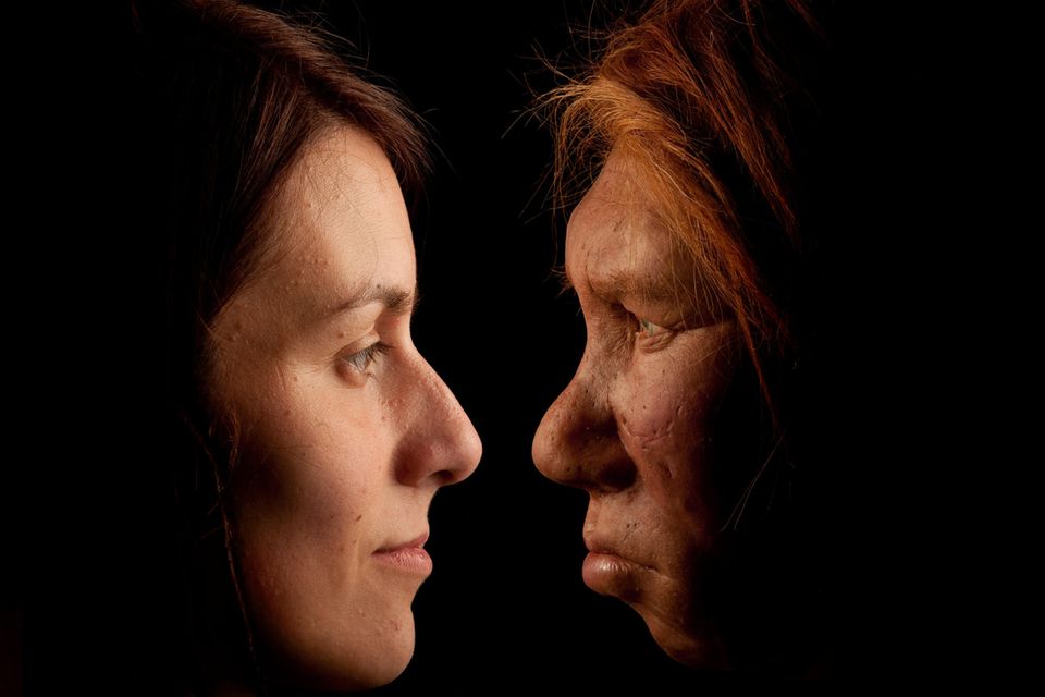 Zwei Menschen schauen sich an; im Profil: links eine moderne Frau, rechts eine Neandertalerin