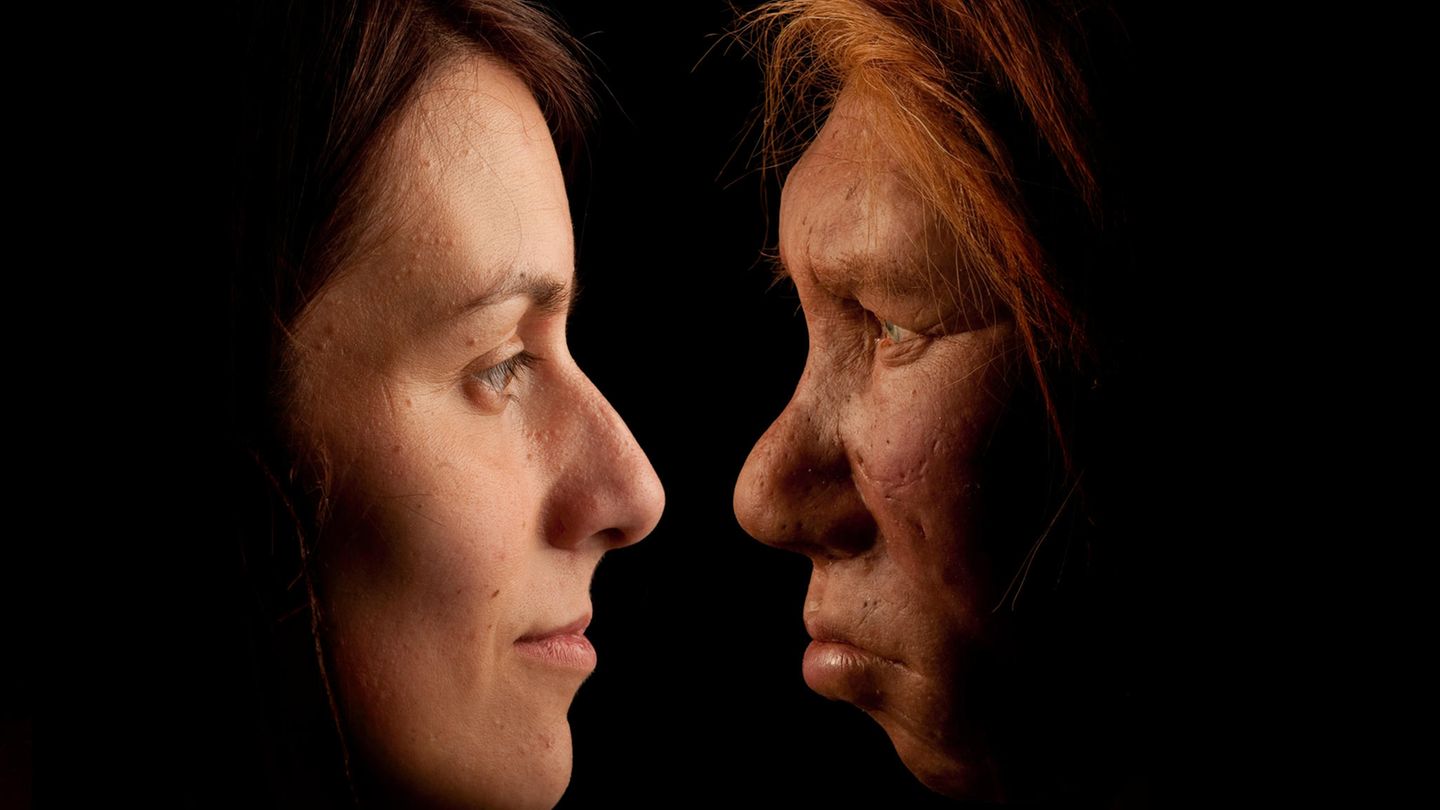 Zwei Menschen schauen sich an; im Profil: links eine moderne Frau, rechts eine Neandertalerin