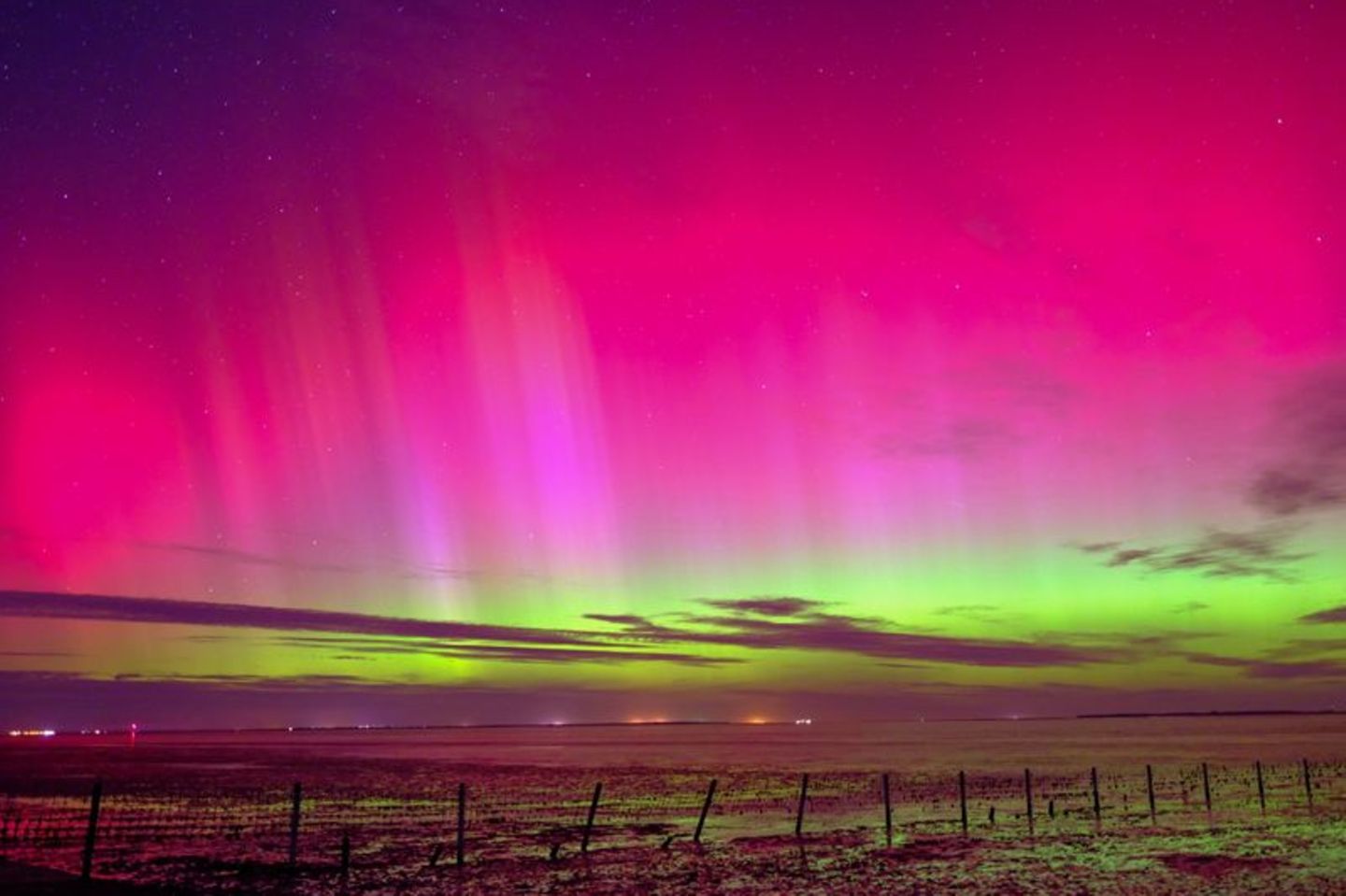 Polarlichter sind am Himmel über Schillig (Kreis Friesland) zu sehen. Foto: Markus Hibbeler/dpa