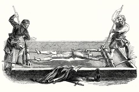 Alte Zeichnung mit Foltermethoden im Mittelalter: zwei Folterknechte bearbeiten einen Mann auf der Streckbank Alte Zeichnung mit Foltermethoden im Mittelalter: zwei Folterknechte bearbeiten einen Mann auf der Streckbank
