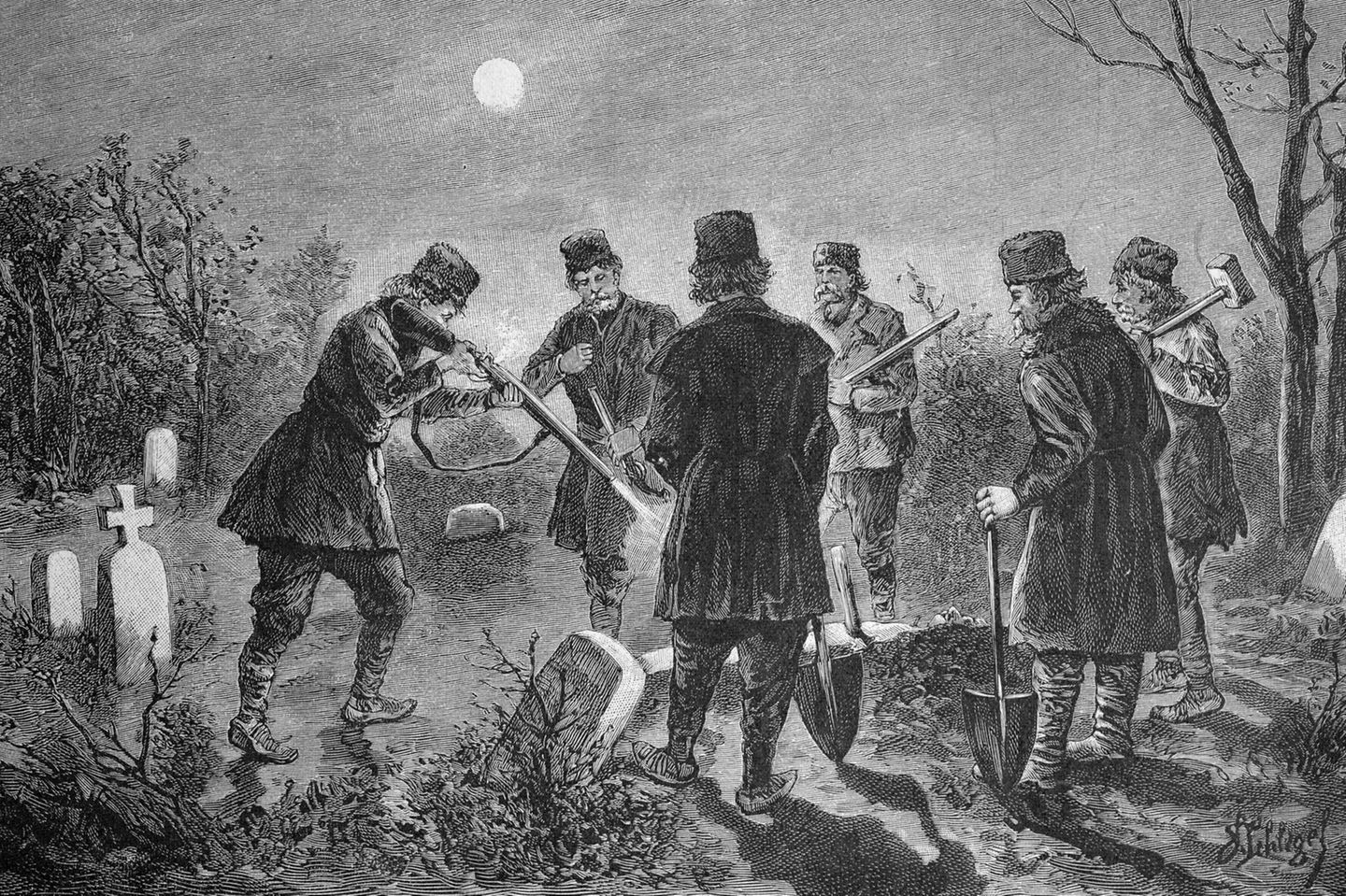 Mit dem Verlangen nach Menschenblut: Vampire Männer graben bei Vollmund ein Grab auf einem Friedhof aus