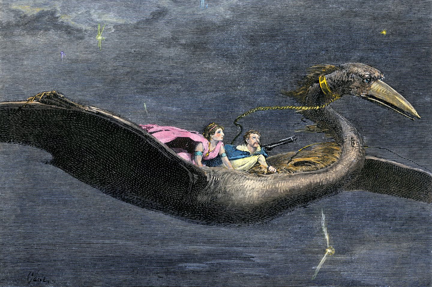 Wie aus "Tausendundeiner Nacht": Der Vogel Roch Vogel Roch transportiert zwei Menschen auf seinem Rücken