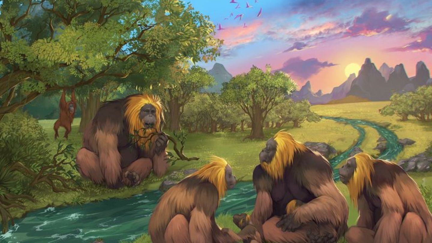 Künstlerische Darstellung einer Gruppe von Gigantopithecus blacki in einem Wald. Foto: Garcia/Joannes-Boyau/Southern Cross Unive