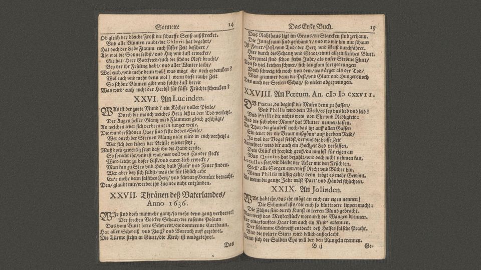 Gryphius' Poem "Tränen des Vaterlandes" (unten links), hier in einer Gedichtsammlung von 1657