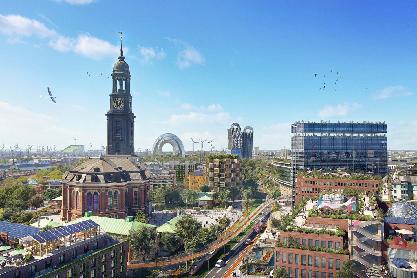 Hamburg Michel, Zukunftsbild 2045  Foto: NEWS&ART / Visualisierung: Reinventing Society & Wire Collective & German Zero/ www.realutopien.de/ Zukunftsbild 2045 / CC BY-NC-SA 4.0