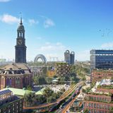 Hamburg Michel, Zukunftsbild 2045  Foto: NEWS&ART / Visualisierung: Reinventing Society & Wire Collective & German Zero/ www.realutopien.de/ Zukunftsbild 2045 / CC BY-NC-SA 4.0