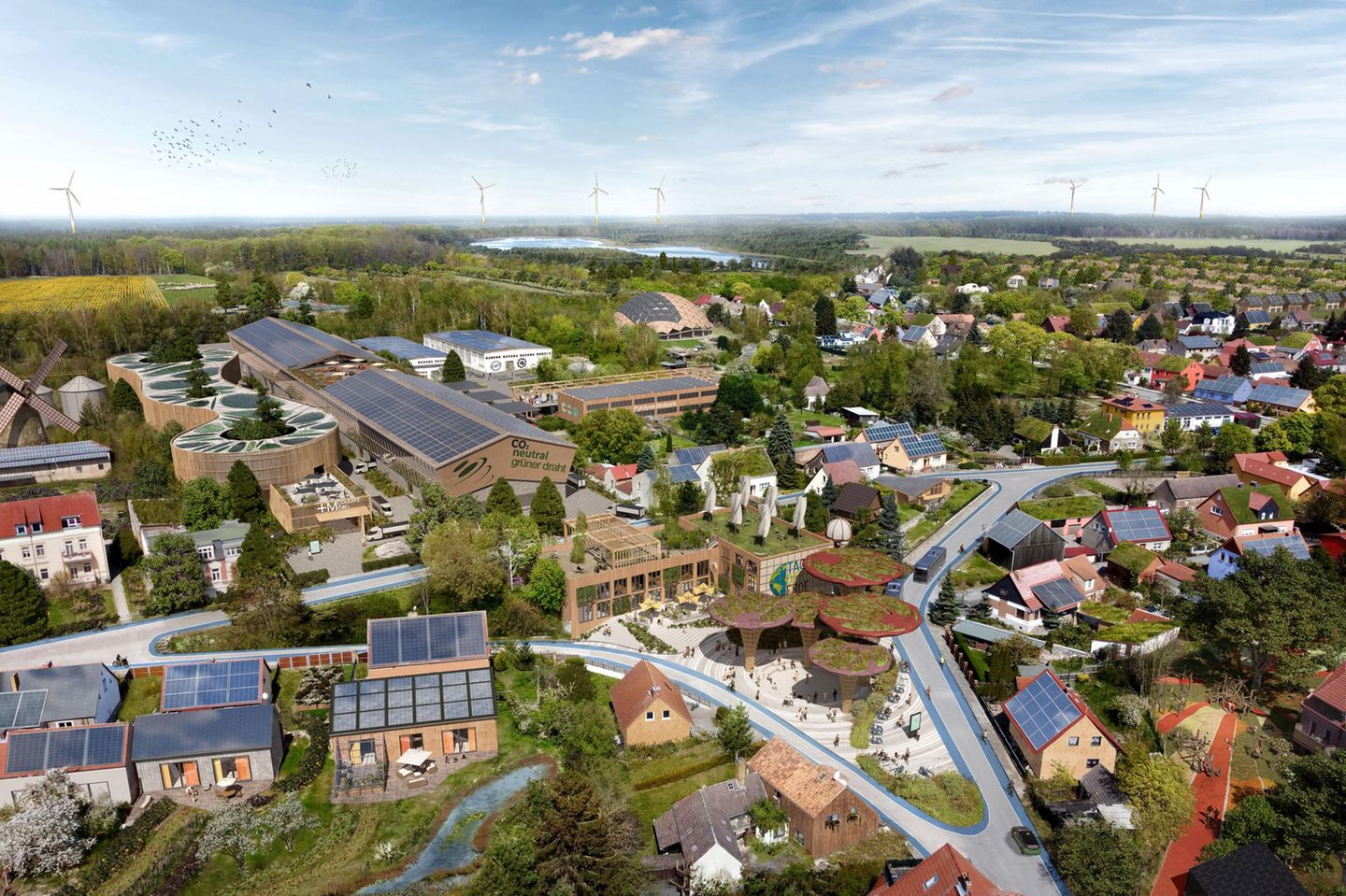 Wiesenburg: Veränderung beginnt auch auf dem Land Wiesenburg Am Postplatz, Zukunftsbild 2045 Foto: Klaus Prinz-Rum / Visualisierung: Reinventing Society & loomn / www.realutopien.de / Zukunftsbild 2045 / CC BY-NC-SA 4.0