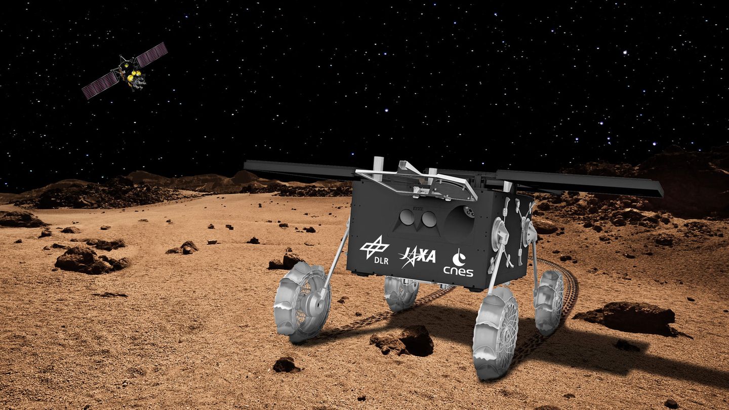 Ein Szenario, das sich die Forschenden am DLR wünschen: Ihr Rover Idefix ist heil auf dem Marsmond gelandet, die japanische Raumsonde schwebt noch im All (Credit: DLR / CC BY-NC-ND 3.0)