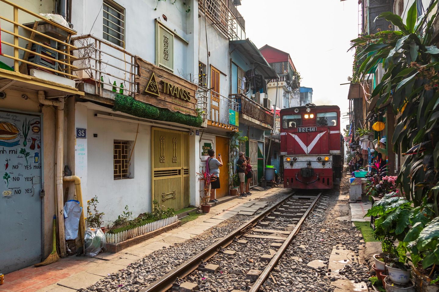 "Train Street" in Vietnam View of Hanoi train street between Le Duan and Kham Thin Street in Hanoi old quarter, Hanoi, Vietnam, Asia with a train travelling from Hanoi station