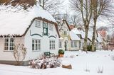 Gruppe weißer Rebhäuser mit Vorgärten, alles mit Schnee bedeckt