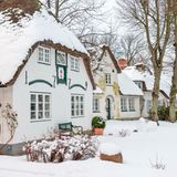 Gruppe weißer Rebhäuser mit Vorgärten, alles mit Schnee bedeckt