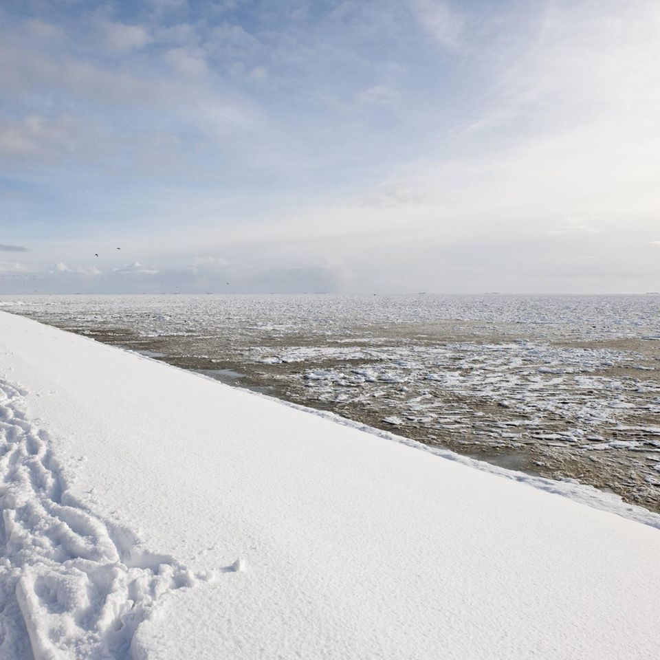Zur linken der schneebedeckte Strand, zur rechten das Wattenmeer