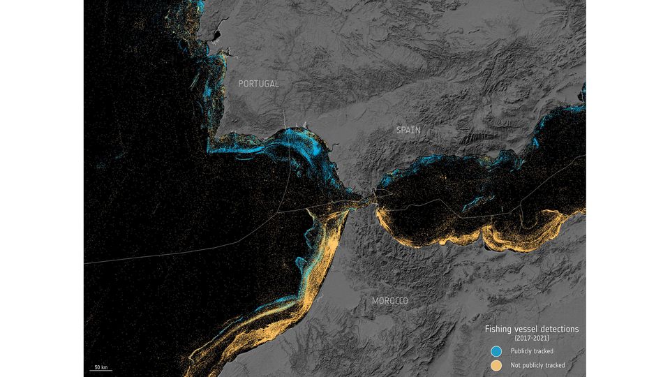 Eine aus KI und Satellitendaten erstellte Karte enthüllt nicht erfasste Fischereiboote zwischen Portugal und Marokko Eine aus KI und Satellitendaten erstellte Karte enthüllt nicht erfasste Fischereiboote zwischen Portugal und Marokko