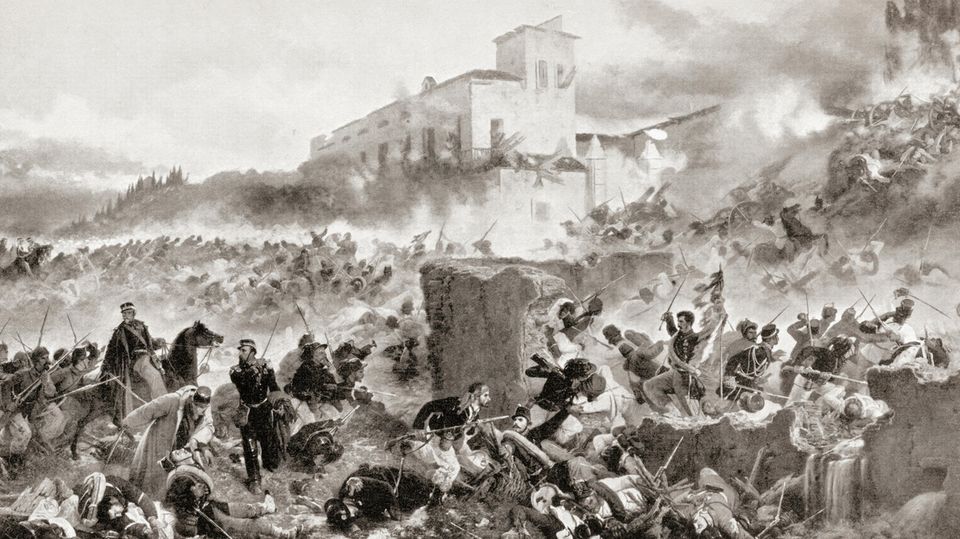 Kriegsszene vor schlossartigem Gebäude, Männer mit Degen Kriegsszene vor schlossartigem Gebäude, Männer mit Degen