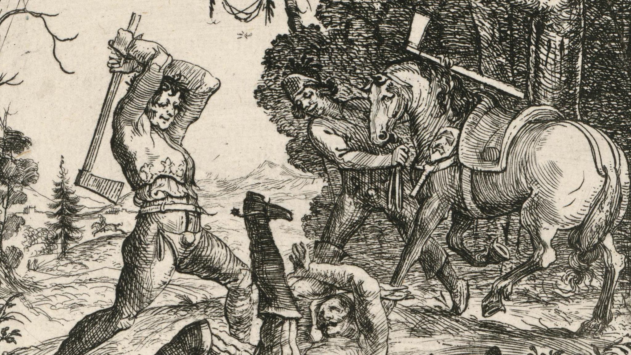 Bauern überfallen mit Äxten einen Reiter. Die Landleute werden selbst bis aufs Blut drangsaliert, müssen die Armeen nicht nur ernähren, sondern auch Dienste beim Bau von Lagern und Verteidigungsanlagen leisten (Radierung von Hans Ulrich Franck, 1643)
