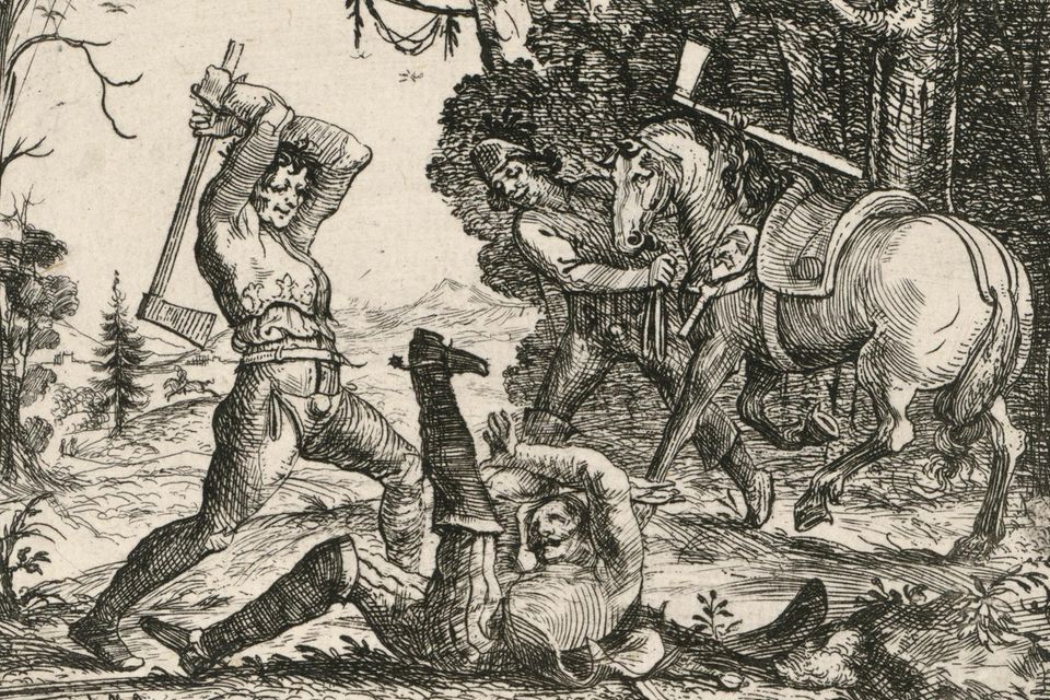 Bauern überfallen mit Äxten einen Reiter. Die Landleute werden selbst bis aufs Blut drangsaliert, müssen die Armeen nicht nur ernähren, sondern auch Dienste beim Bau von Lagern und Verteidigungsanlagen leisten (Radierung von Hans Ulrich Franck, 1643)