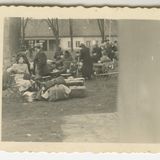 Mehrere Menschen mit Koffern sitzen auf Stühlen auf einer Wiese