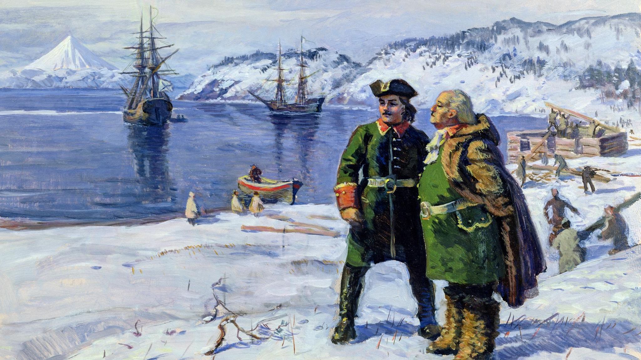 Aufbruch nach Alaska: Als Basislager für seine Forschungsfahrten lässt Vitus Bering (r., hier mit seinem Stellvertreter Alexei Tschirikow) 1740 im Süden der Halbinsel Kamtschatka eine Siedlung errichten: Petropawlowsk Als Basislager für seine Forschungsfahrten lässt Vitus Bering (r., hier mit seinem Stellvertreter Alexei Tschirikow) 1740 im Süden der Halbinsel Kamtschatka eine Siedlung errichten: Petropawlowsk