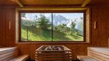 Sauna mit Blick auf grüne Landschaft und Berge