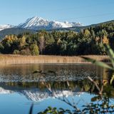 Wald und Berge im Hintergrund spiegeln sich in ruhigem Wasser