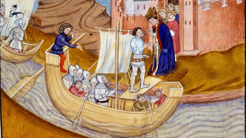 Buchmalerei, die Rollo zeigt, der ein Schiff verlässt und von einem Geistlichen empfangen wird Buchmalerei, die Rollo zeigt, der ein Schiff verlässt und von einem Geistlichen empfangen wird