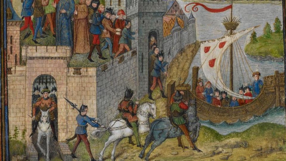 Buchmalerei, die die Ankunft von Rollos Schiff vor den Mauern einer Stadt zeigt Buchmalerei, die die Ankunft von Rollos Schiff vor den Mauern einer Stadt zeigt