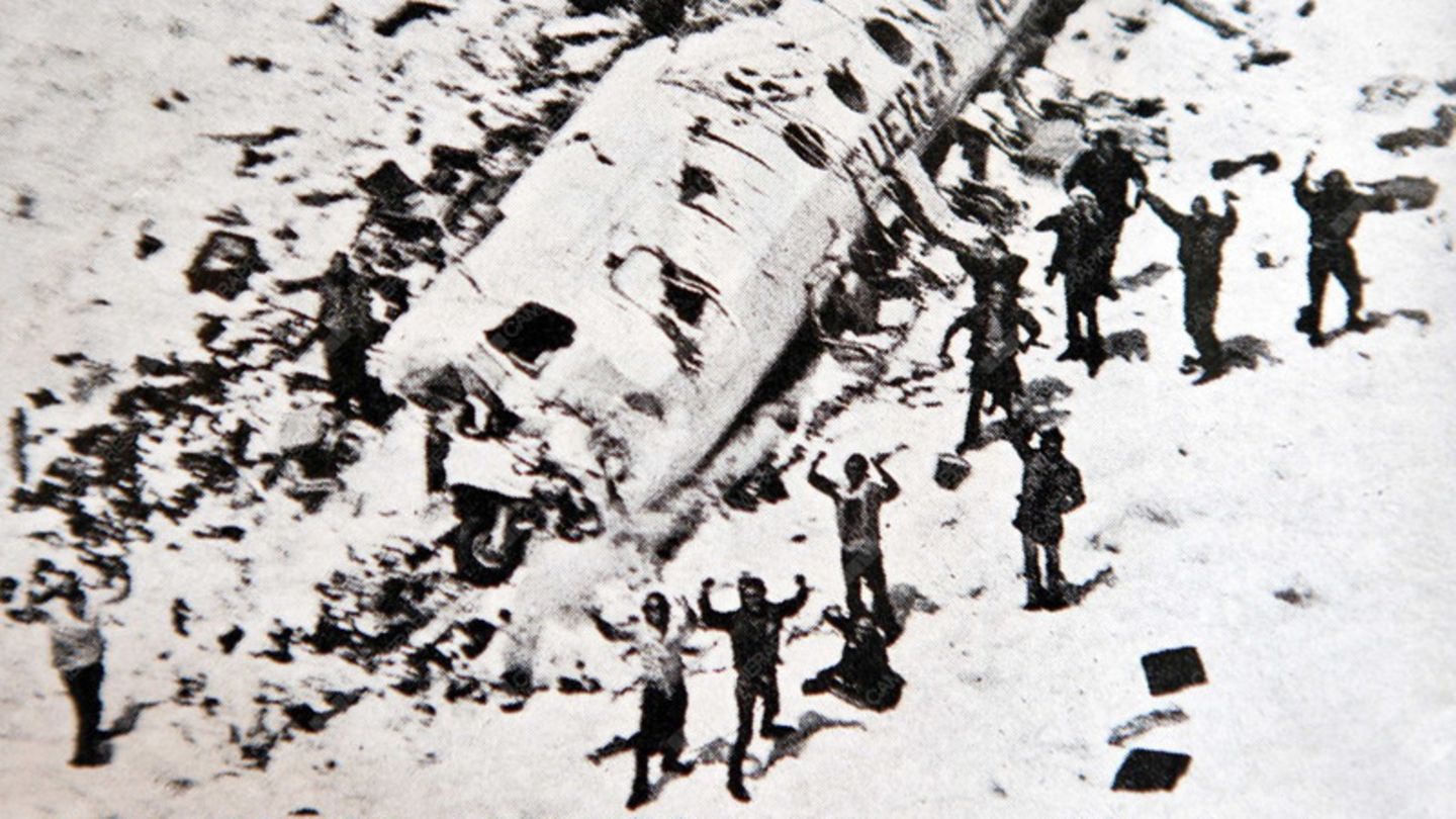 Überlebende neben einem Flugzeugwrack erhalten Rettung Überlebende neben einem Flugzeugwrack erhalten Rettung