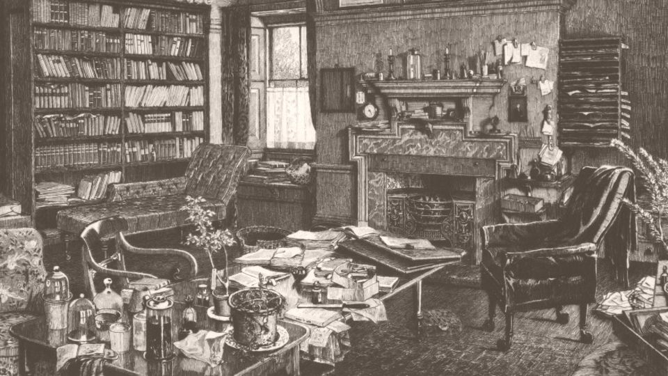 Eine Radierung zeigt das Arbeitszimmer Darwins, die Wände und der Schreibtisch voller Bücher und Schriften