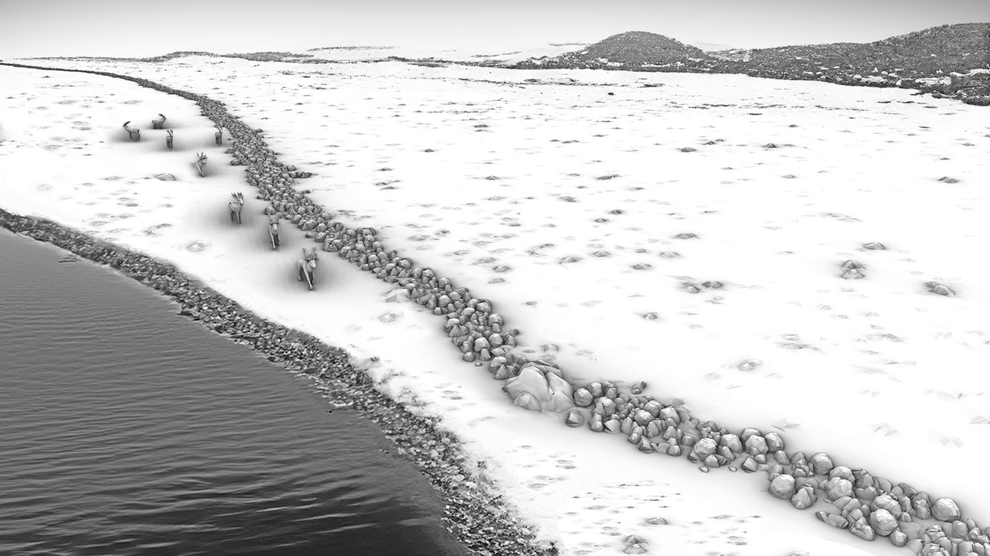 Grafische Rekonstruktion des Steinwalls als Treibjagdstruktur in einer spätglazialen/frühholozänen Landschaft