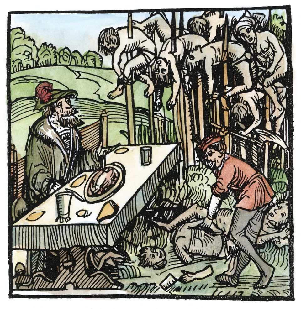 Vlad der Pfähler: Das Pfählen, bald untrennbar mit Vlads Namen verbunden, ist eine jahrtausendealte Praxis. Doch wohl keiner nutzt die grausame Methode so hemmungslos wie er. Mitunter, so heißt es, lässt er seine Opfer aufspießen, speist und plaudert, während die angespitzten Pflöcke langsam in die Körper der Elenden dringen (kolorierter Holzschnitt, 1499) Das Pfählen, bald untrennbar mit Vlads Namen verbunden, ist eine jahrtausendealte Praxis. Doch wohl keiner nutzt die grausame Methode so hemmungslos wie er. Mitunter, so heißt es, lässt er seine Opfer aufspießen, speist und plaudert, während die angespitzten Pflöcke langsam in die Körper der Elenden dringen (kolorierter Holzschnitt, 1499)
