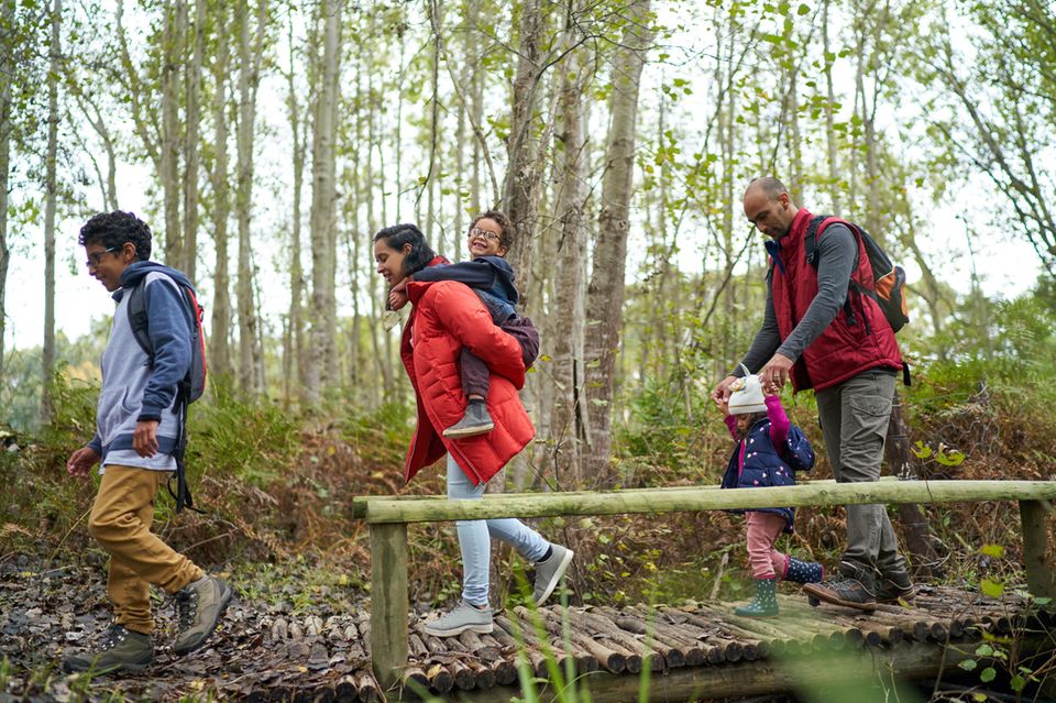 Familie mit Kindern geht über Holzsteg im Wald spazieren  1.4993