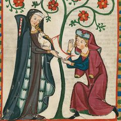 Eine mittelalterliche Buchmalerei zeigt zwei einander zugeneigte Menschen unter einem Baum