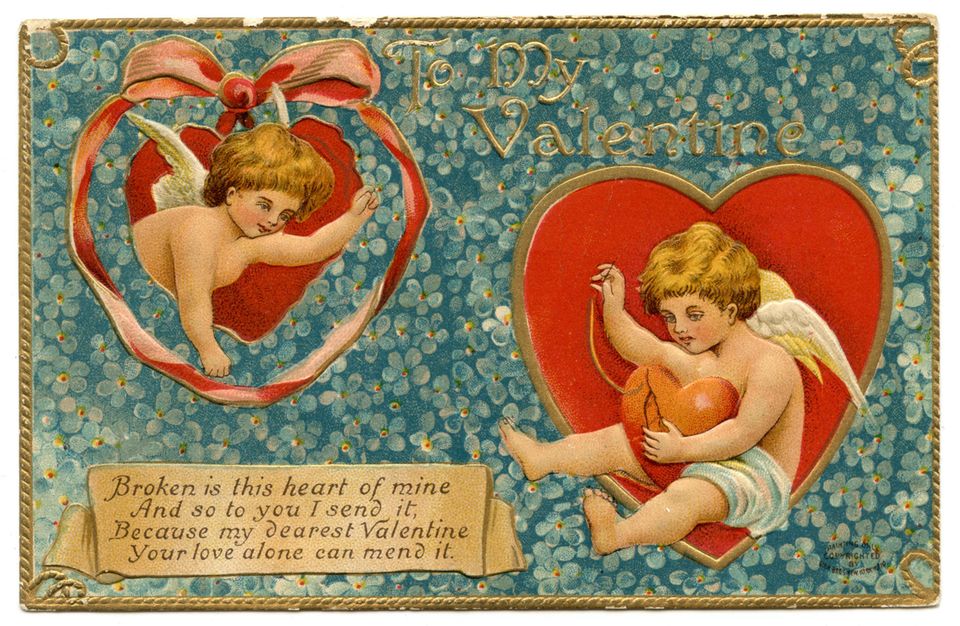 Englische Valentinspostkarte von 1912, verziert mit Engeln und Herzen