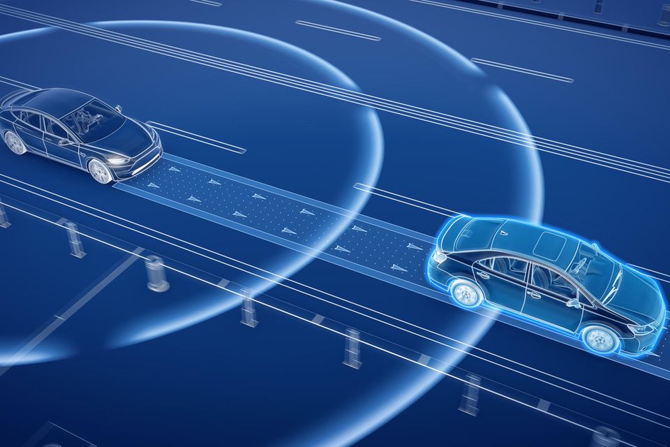 Grafik mit zwei Autos und deren visualisierten Radarwellen  1.7778