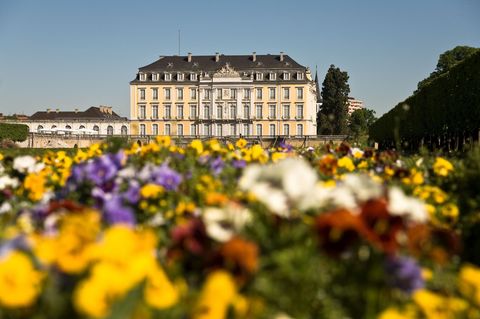 Gelbes Schloss, davor gelbe und lilane Blumen