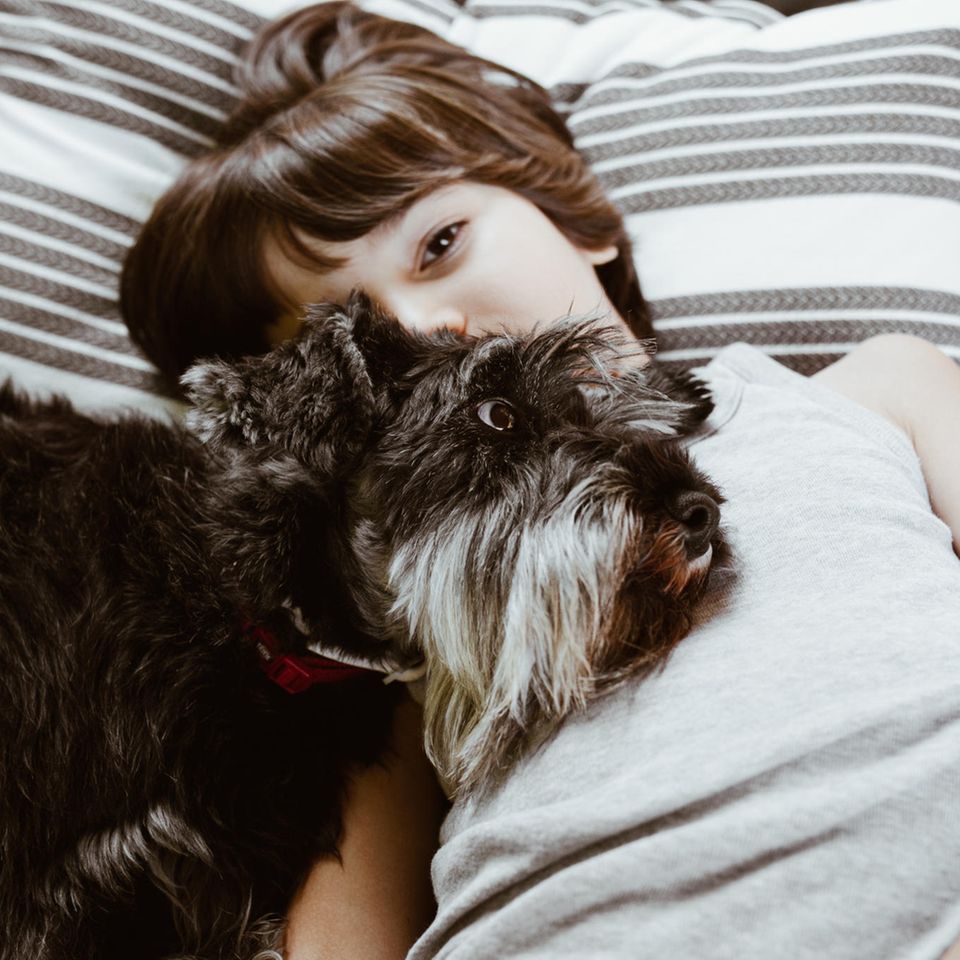 Junge mit Hund auf der Brust