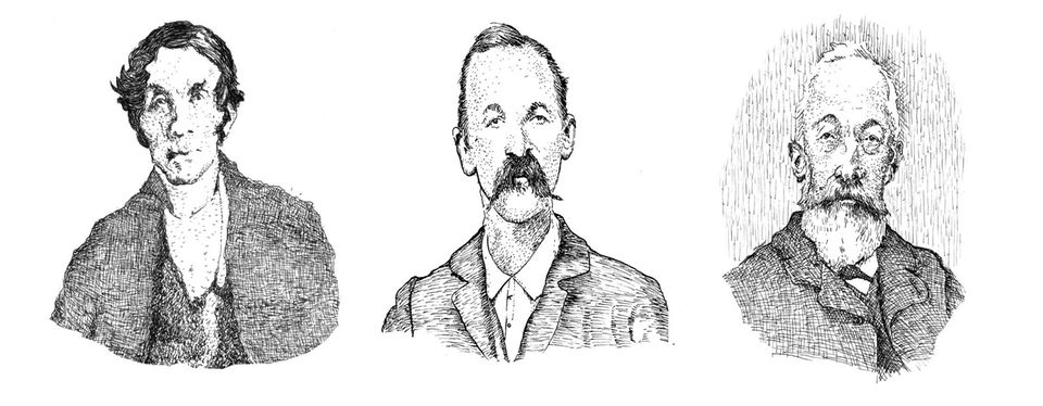 Illustrierte Porträts von den Schokoladenpionieren François-Louis Cailler, Rodolphe Lindt und Daniel Peter