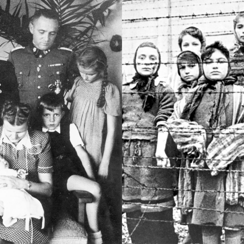 Links ist Rudolf Höß mit Frau und Kindern zu sehen, rechts Kinder hinter Stacheldrahtzaun Links ist Rudolf Höß mit Frau und Kindern zu sehen, rechts Kinder hinter Stacheldrahtzaun