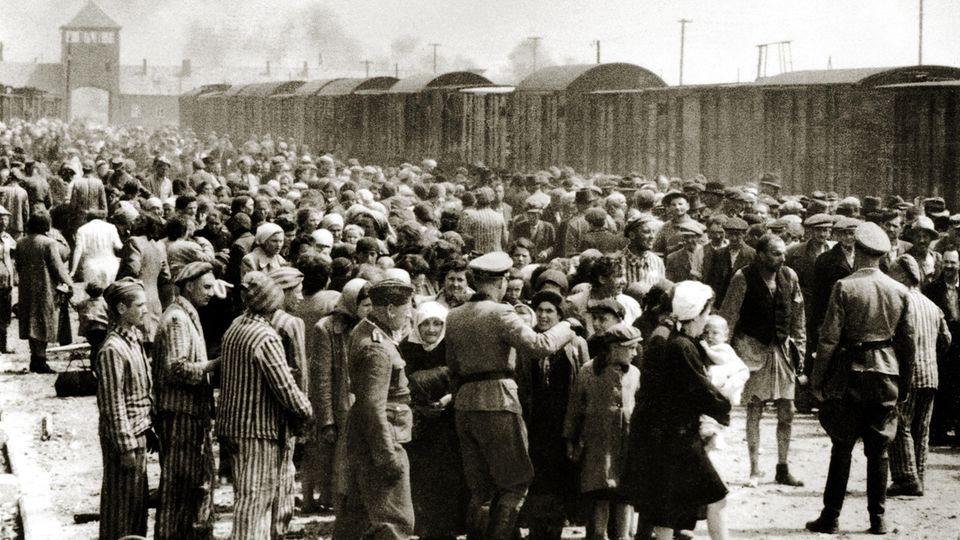 SS-Männer mit einer großen Menschenmenge am Bahnhof von Auschwitz SS-Männer mit einer großen Menschenmenge am Bahnhof von Auschwitz