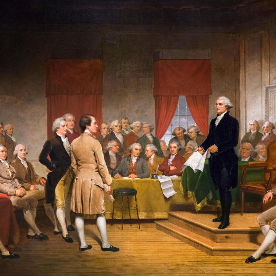 Im Sommer 1787 handeln Vertreter der Einzelstaaten in Philadelphia – hier der spätere Präsident George Washington als Vorsitzender der Konferenz – eine revolutionäre Verfassung aus. Sie beginnt mit den Worten "We the people" – wir, das Volk     
