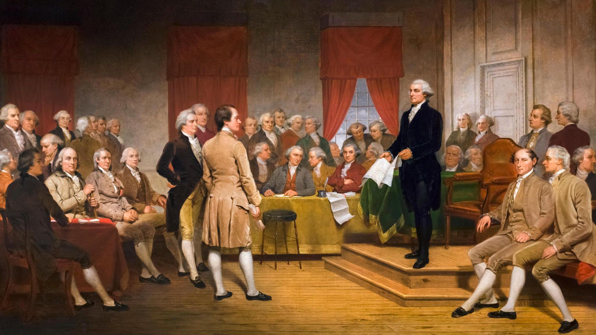 Im Sommer 1787 handeln Vertreter der Einzelstaaten in Philadelphia – hier der spätere Präsident George Washington als Vorsitzender der Konferenz – eine revolutionäre Verfassung aus. Sie beginnt mit den Worten "We the people" – wir, das Volk     