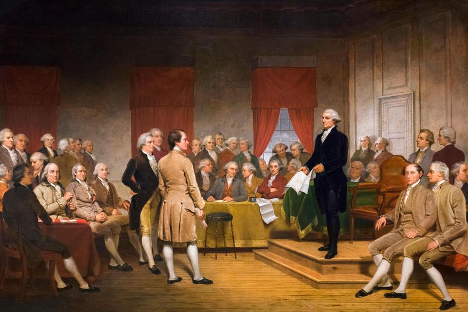 Im Sommer 1787 handeln Vertreter der Einzelstaaten in Philadelphia – hier der spätere Präsident George Washington als Vorsitzender der Konferenz – eine revolutionäre Verfassung aus. Sie beginnt mit den Worten "We the people" – wir, das Volk     