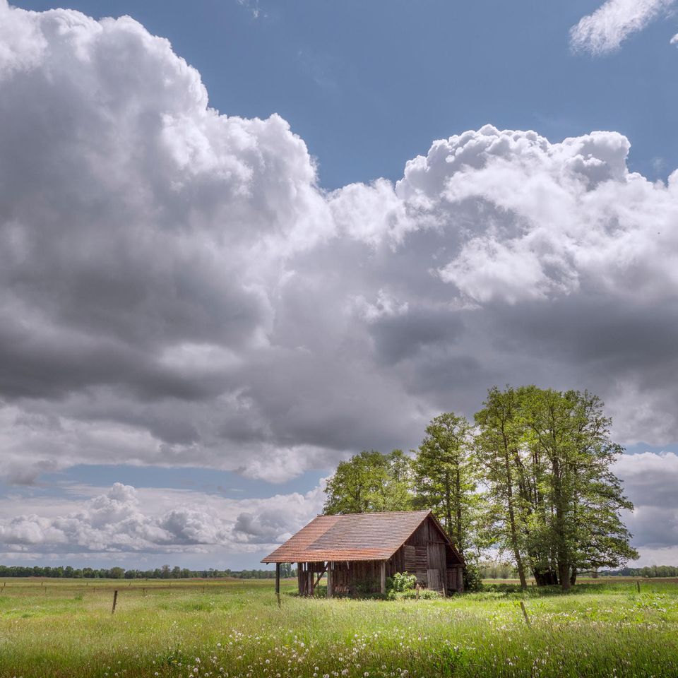 Scheune auf einer sattgrünen Wiese