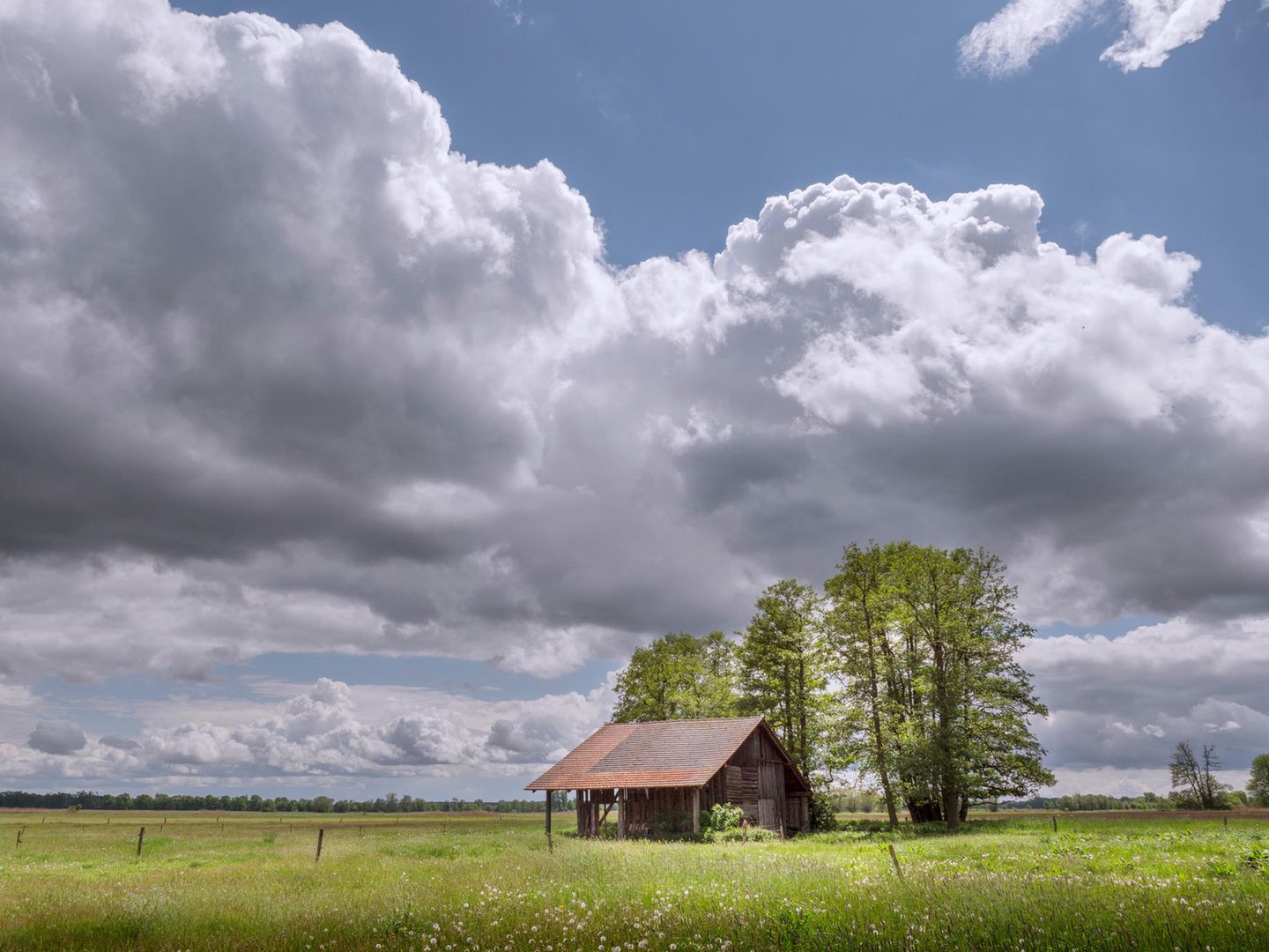 Scheune auf einer sattgrünen Wiese