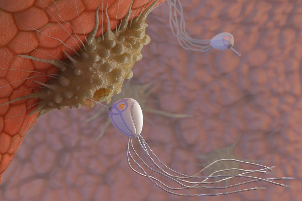 Die Illustration eines Nanoroboters an einer Krebszelle