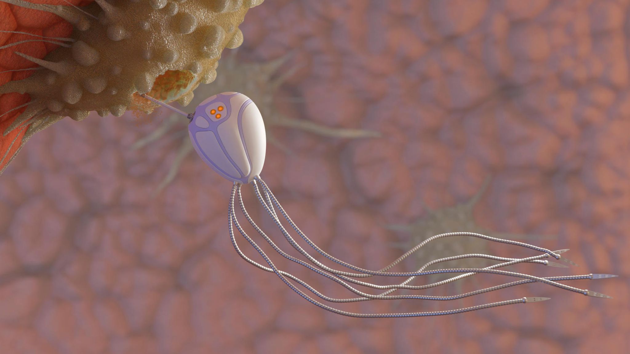 Die Illustration eines Nanoroboters an einer Krebszelle