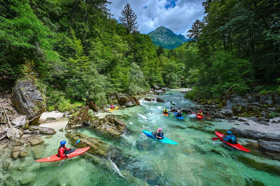 Kajakfahrer schweben auf dem Wildwasser, Bäume, hinten ein Berg