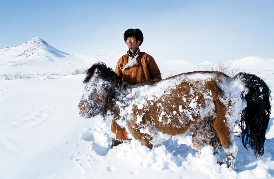 Ein Mongole steht im Schnee, auch sein Pferd ist von Schnee bedeckt