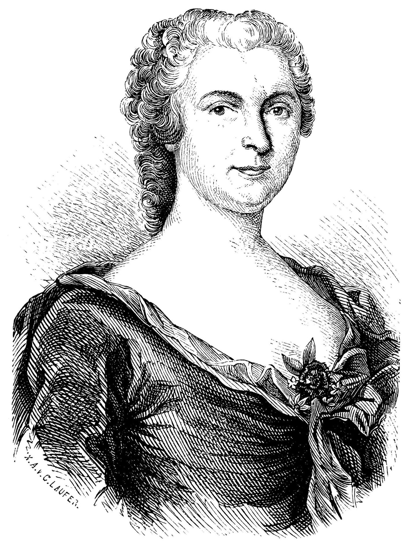 Die Schriftstellerin – Luise Gottsched Kohlezeichung einer Frau im ausgeschnittenen Abendkleid um 1730